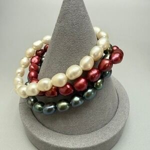 Cultured‎ Pearl Color Bracelet Lot 6.5" Stretch Red Oil Slick Cream Classic Chic